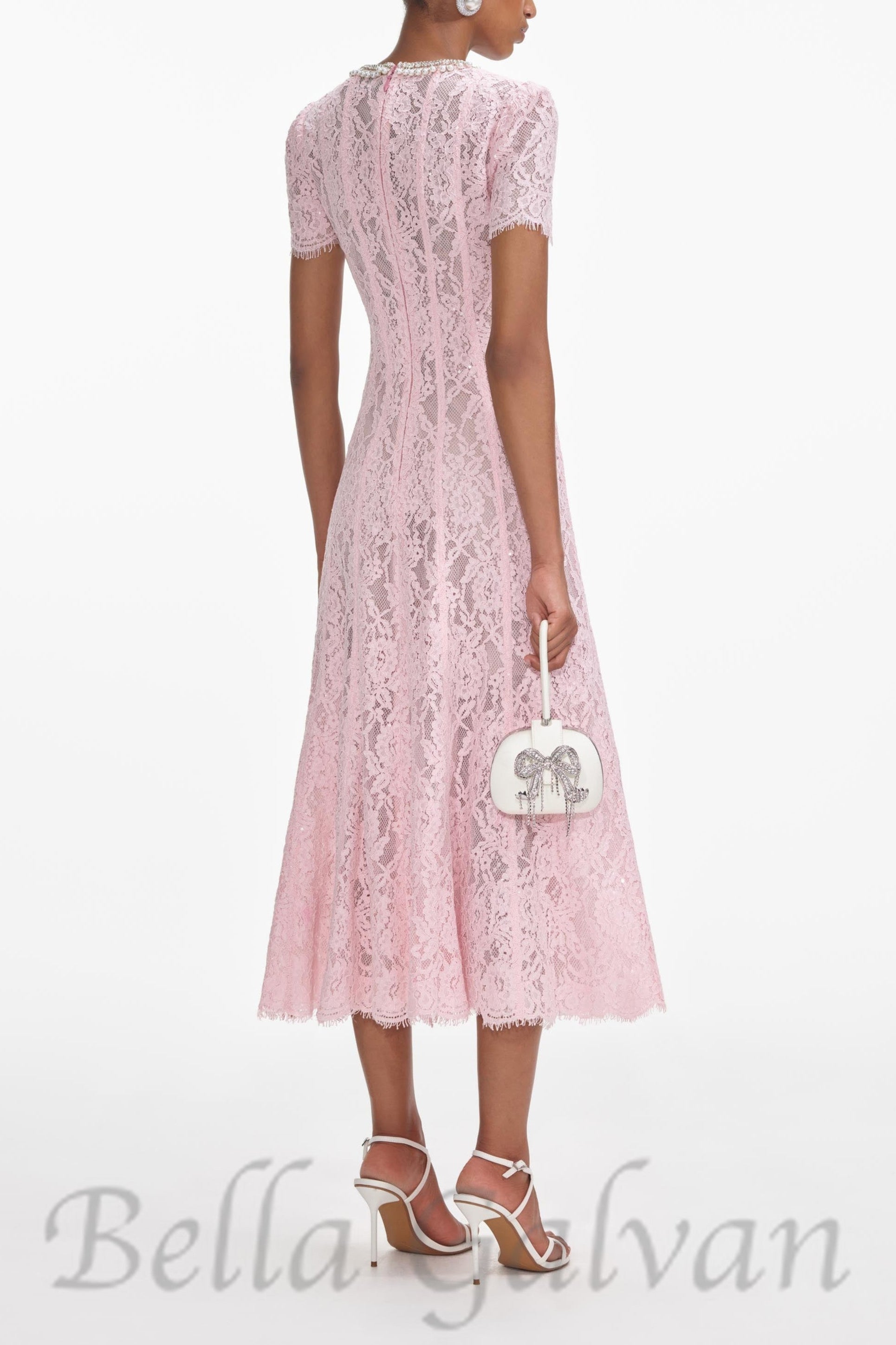 Flowering Girl Women Sequin Floral Lace Midi Dress in pink