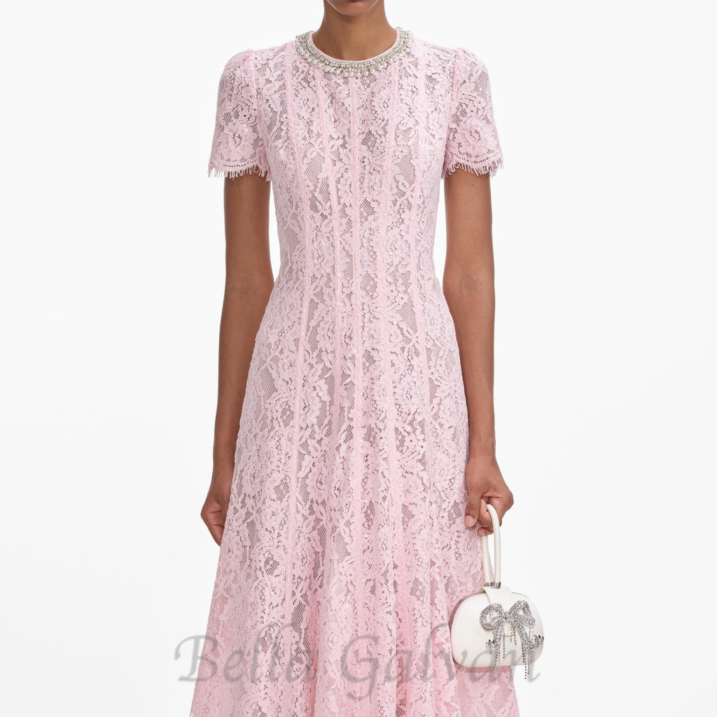 Flowering Girl Women Sequin Floral Lace Midi Dress in pink