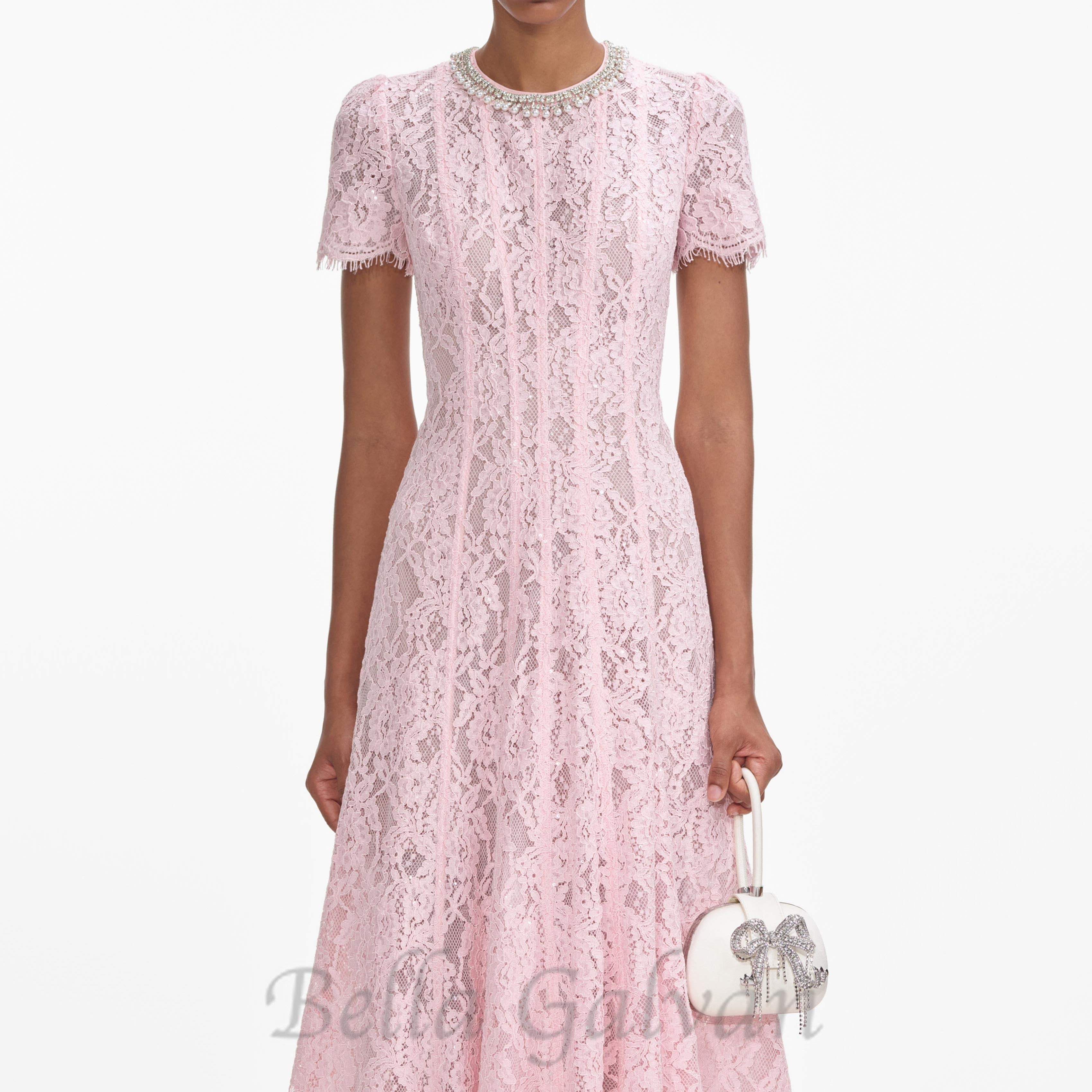 Flowering Girl Women Sequin Floral Lace Midi Dress in pink