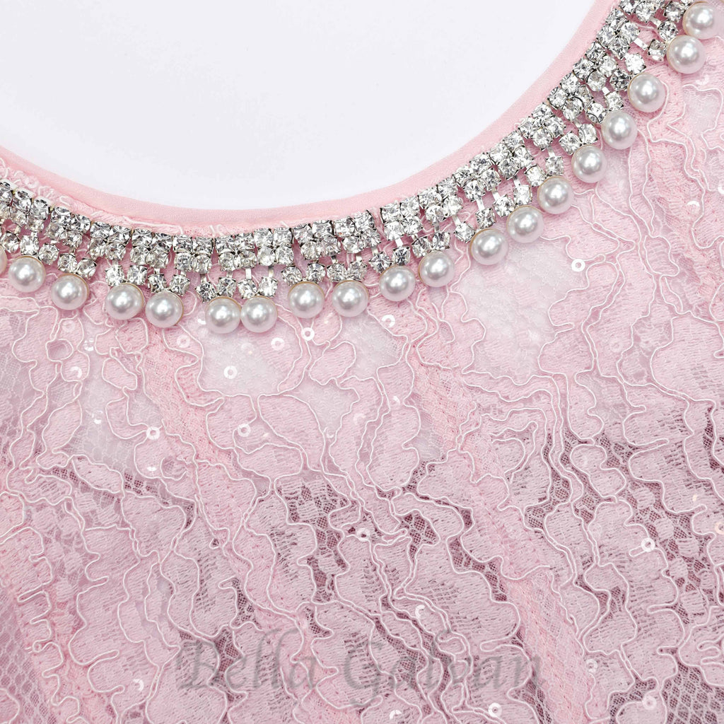 Flowering Girl Women Sequin Floral Lace Midi Dress in pink