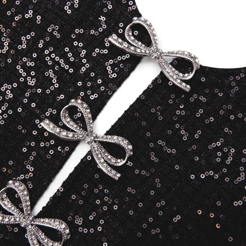 janice Black Sequin Tweed Bow Mini Dress