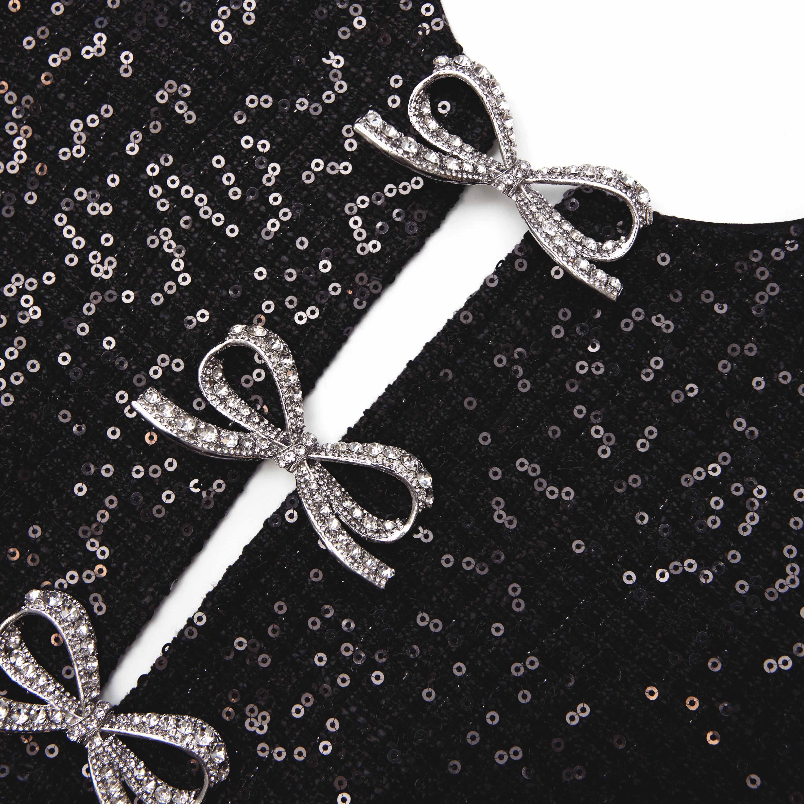 janice Black Sequin Tweed Bow Mini Dress