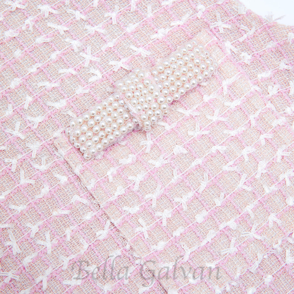 Flowering Girl Women boucle pearl trim mini dress in pink