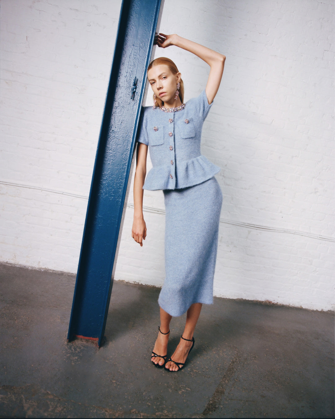 kimberley rhinestone Peplum Knit Midi Dress in blue
