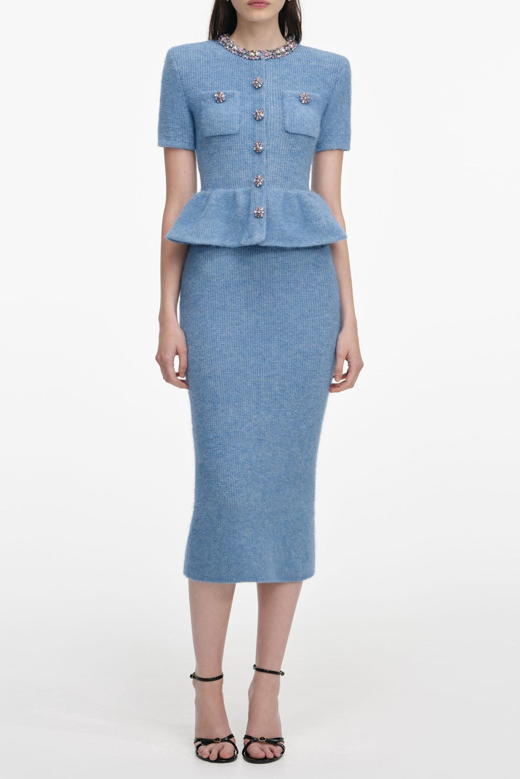 kimberley rhinestone Peplum Knit Midi Dress in blue