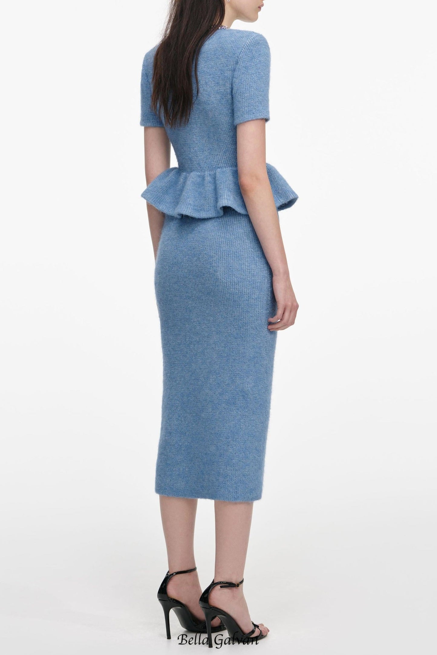 kimberley rhinestone Peplum Knit Midi Dress in blue