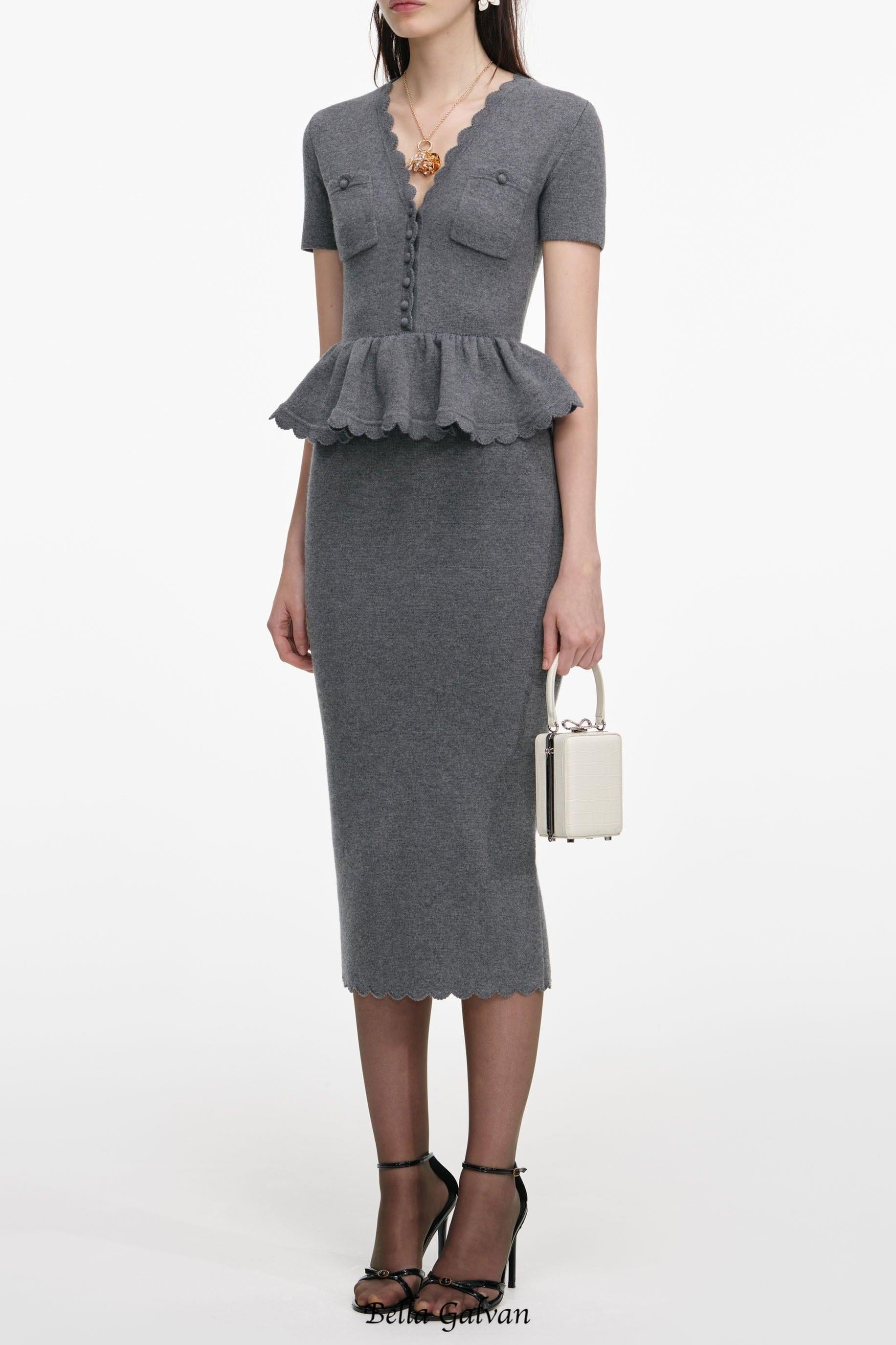 mandy v-neck Peplum Knit Midi Dress in Grey