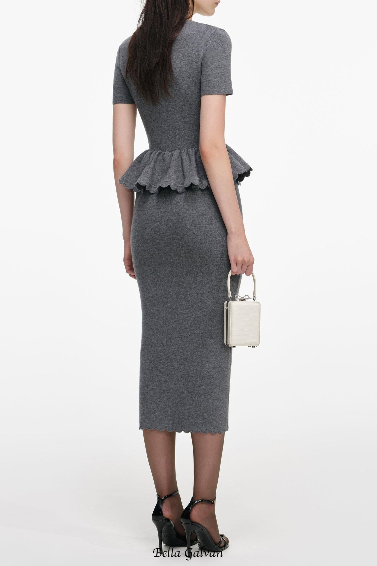 mandy v-neck Peplum Knit Midi Dress in Grey