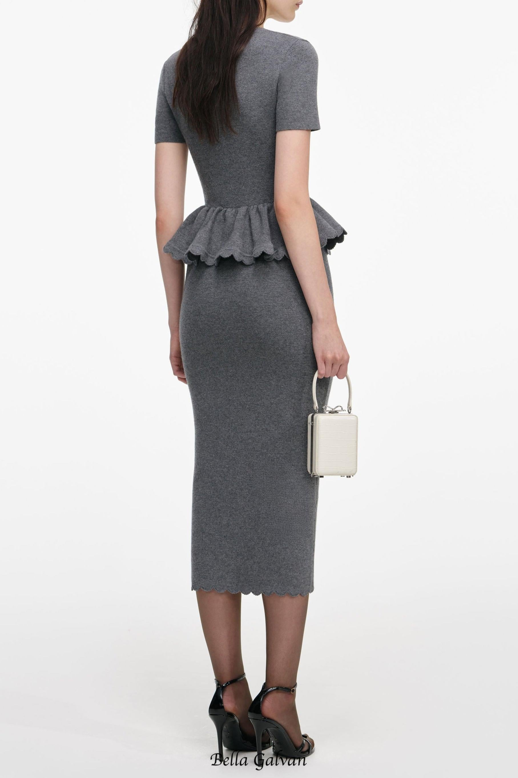 mandy v-neck Peplum Knit Midi Dress in Grey