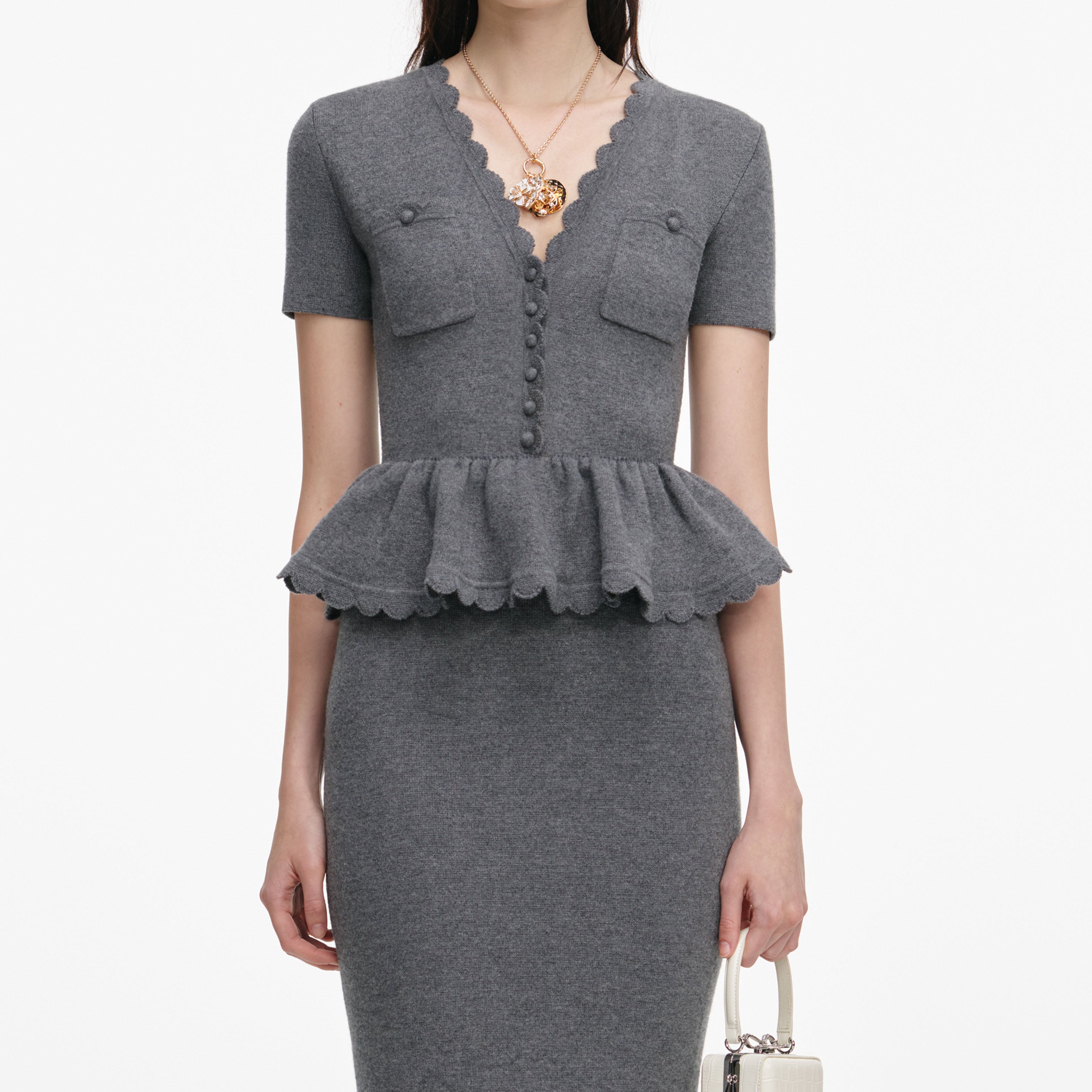 mandy v-neck Peplum Knit Midi Dress in Grey