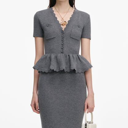mandy v-neck Peplum Knit Midi Dress in Grey
