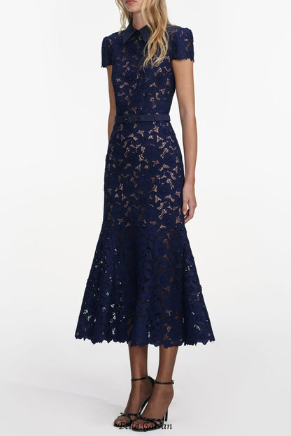 zenobia navy blue Guipure Lace hollow Midi Dress