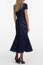 zenobia navy blue Guipure Lace hollow Midi Dress
