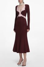 apphia Brown Contrast Lace Knit Midi Dress