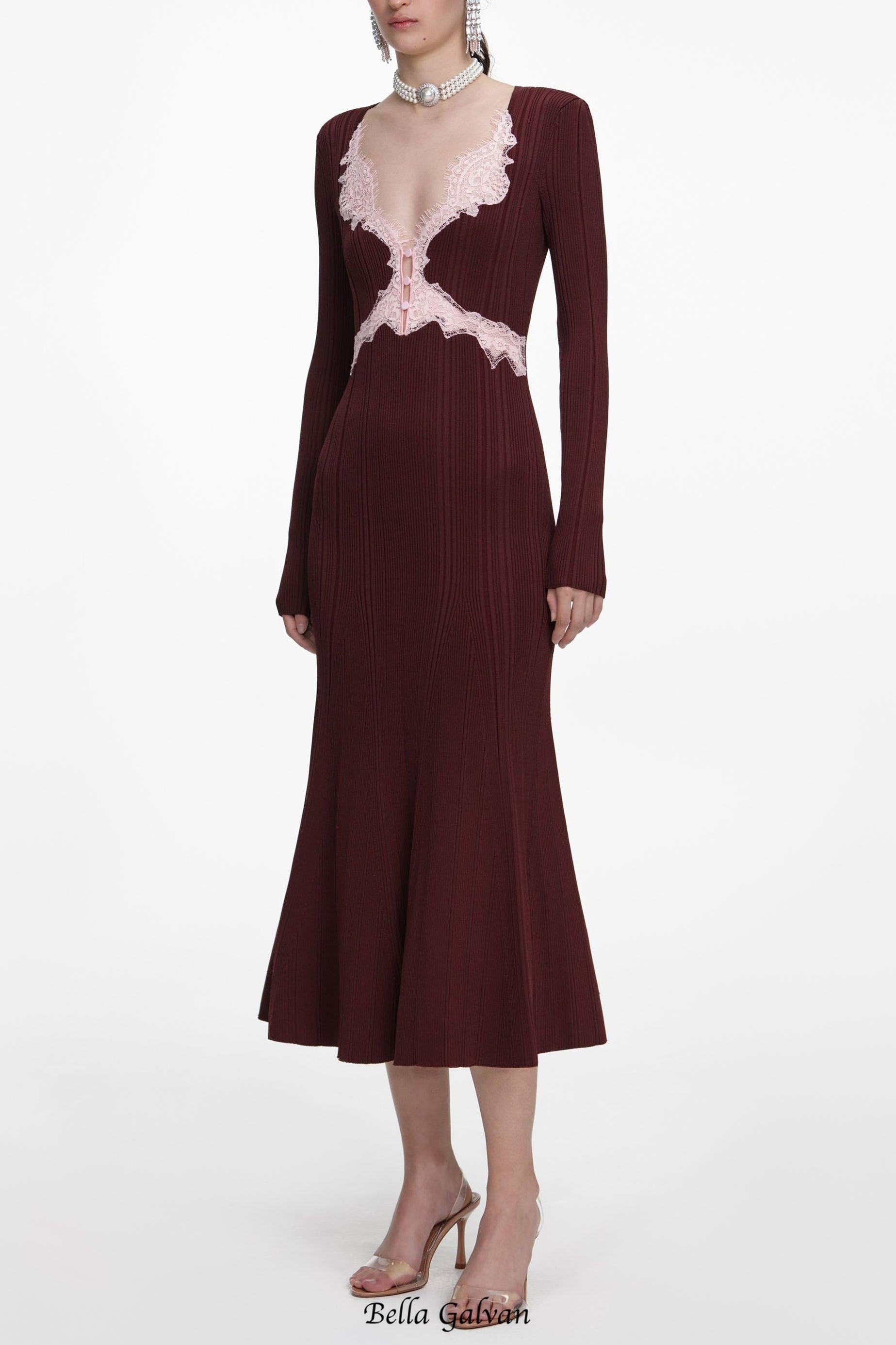 apphia Brown Contrast Lace Knit Midi Dress