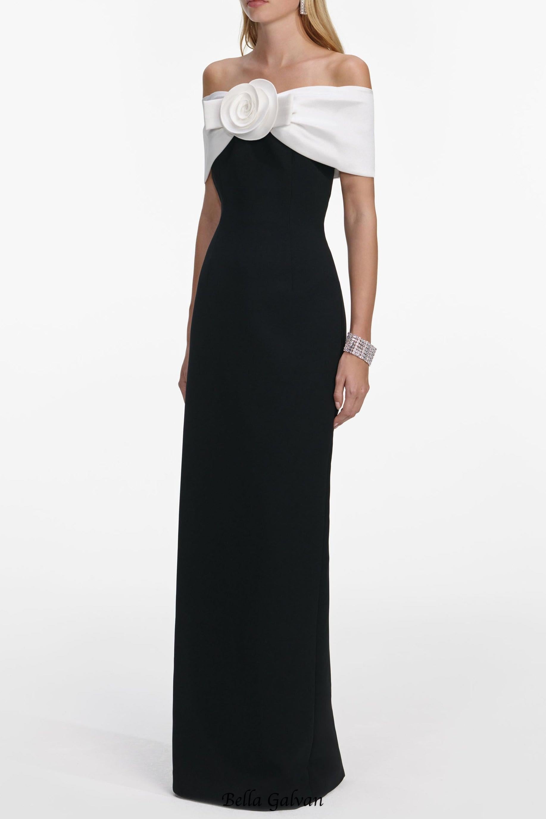 sandra off-shoulder 3d flower maxi dress in black