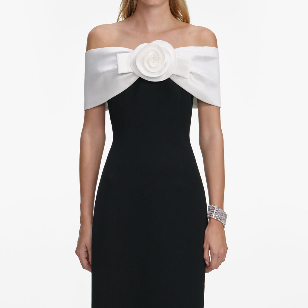 sandra off-shoulder 3d flower maxi dress in black