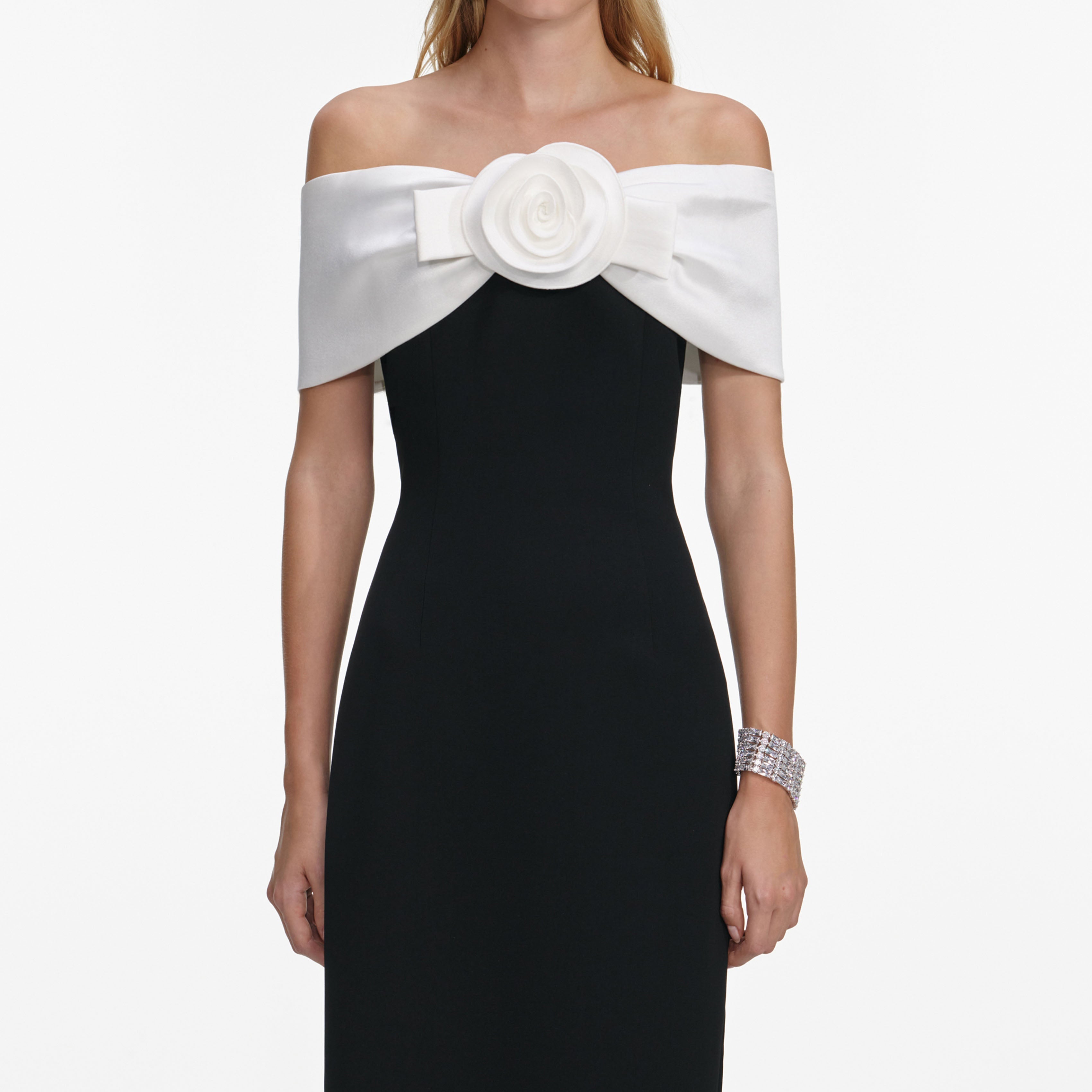 sandra off-shoulder 3d flower maxi dress in black