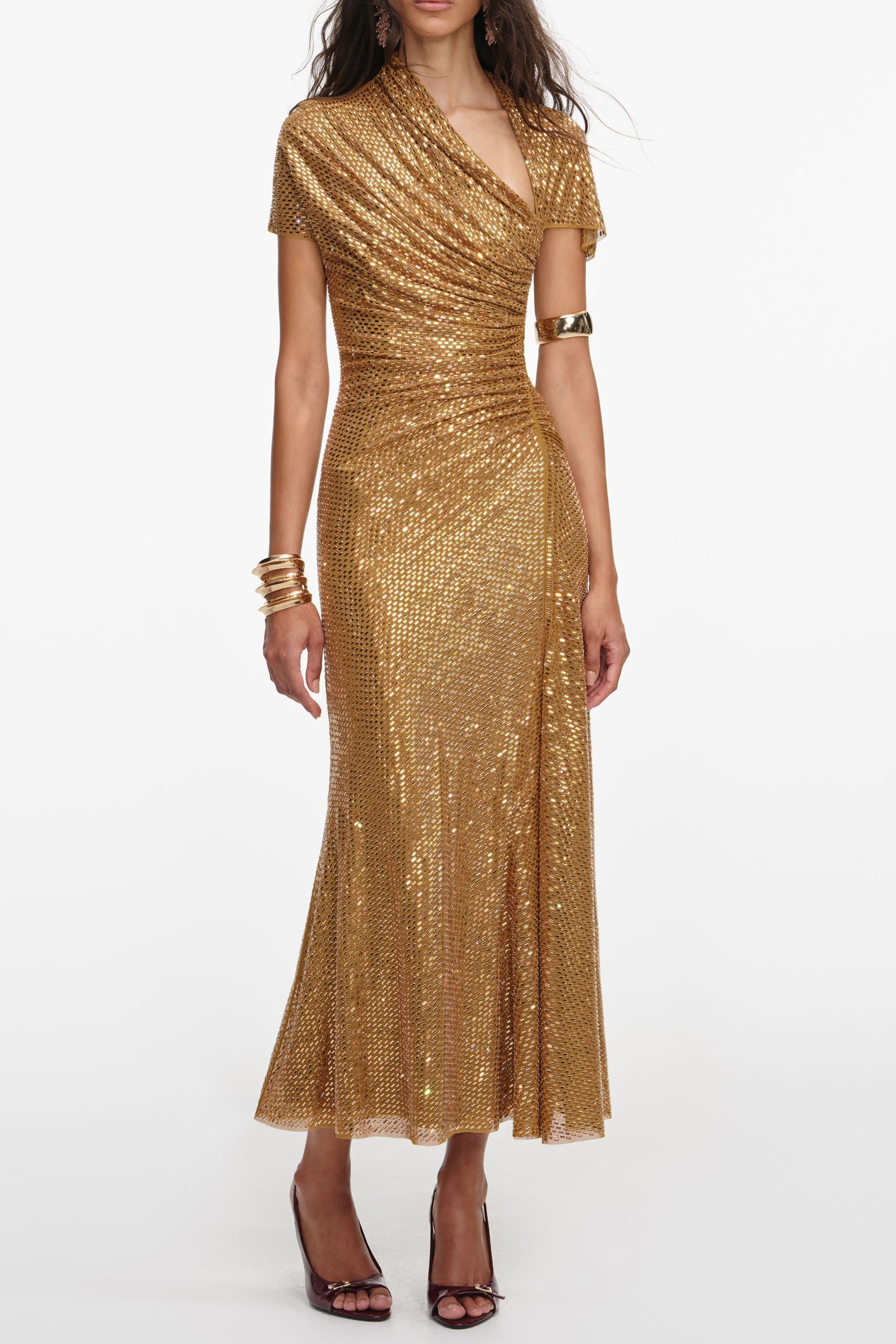 Kimberley Gold Rhinestone Drape Cutout Maxi Dress