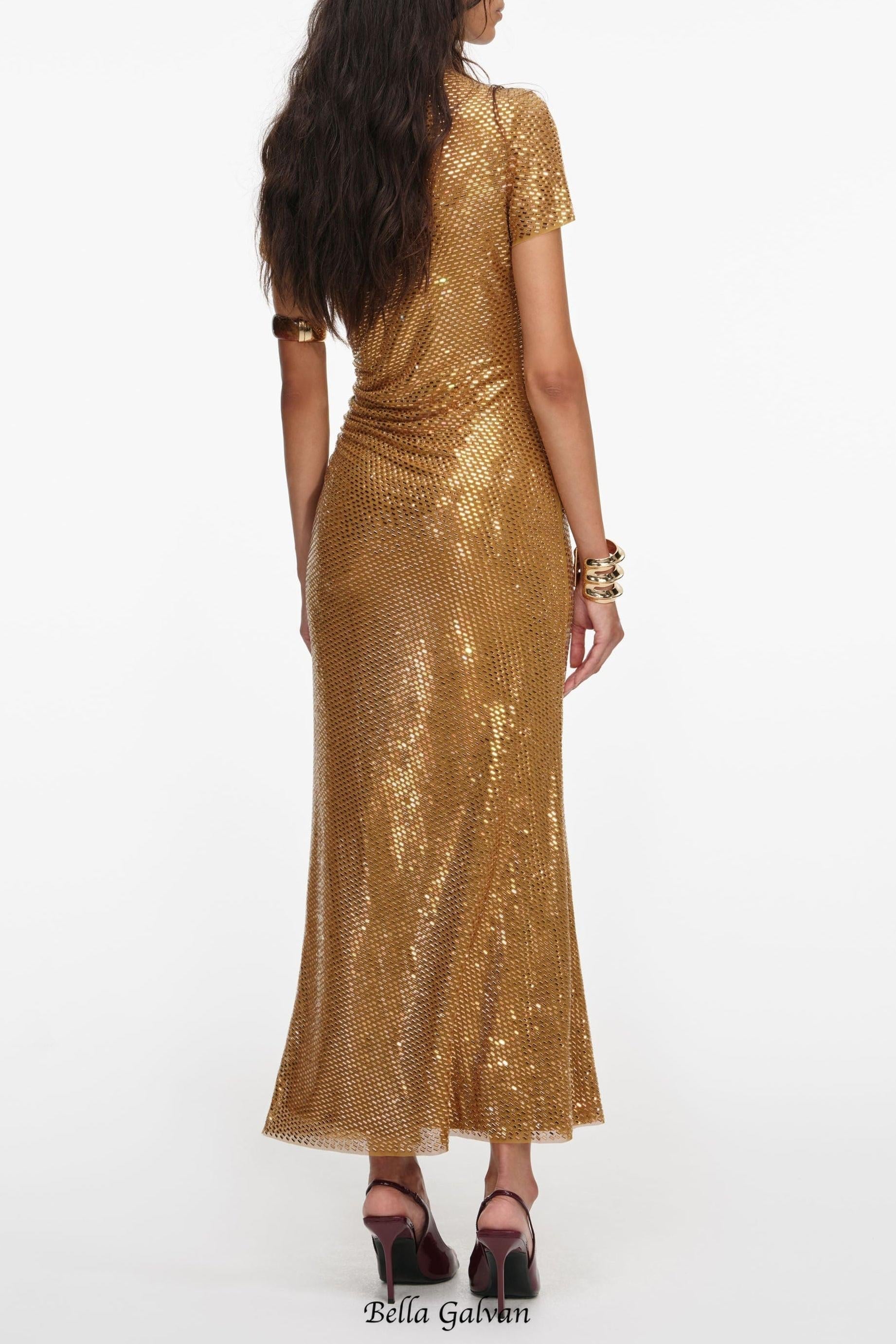 kimberley Gold Rhinestone Drape cutout Maxi Dress