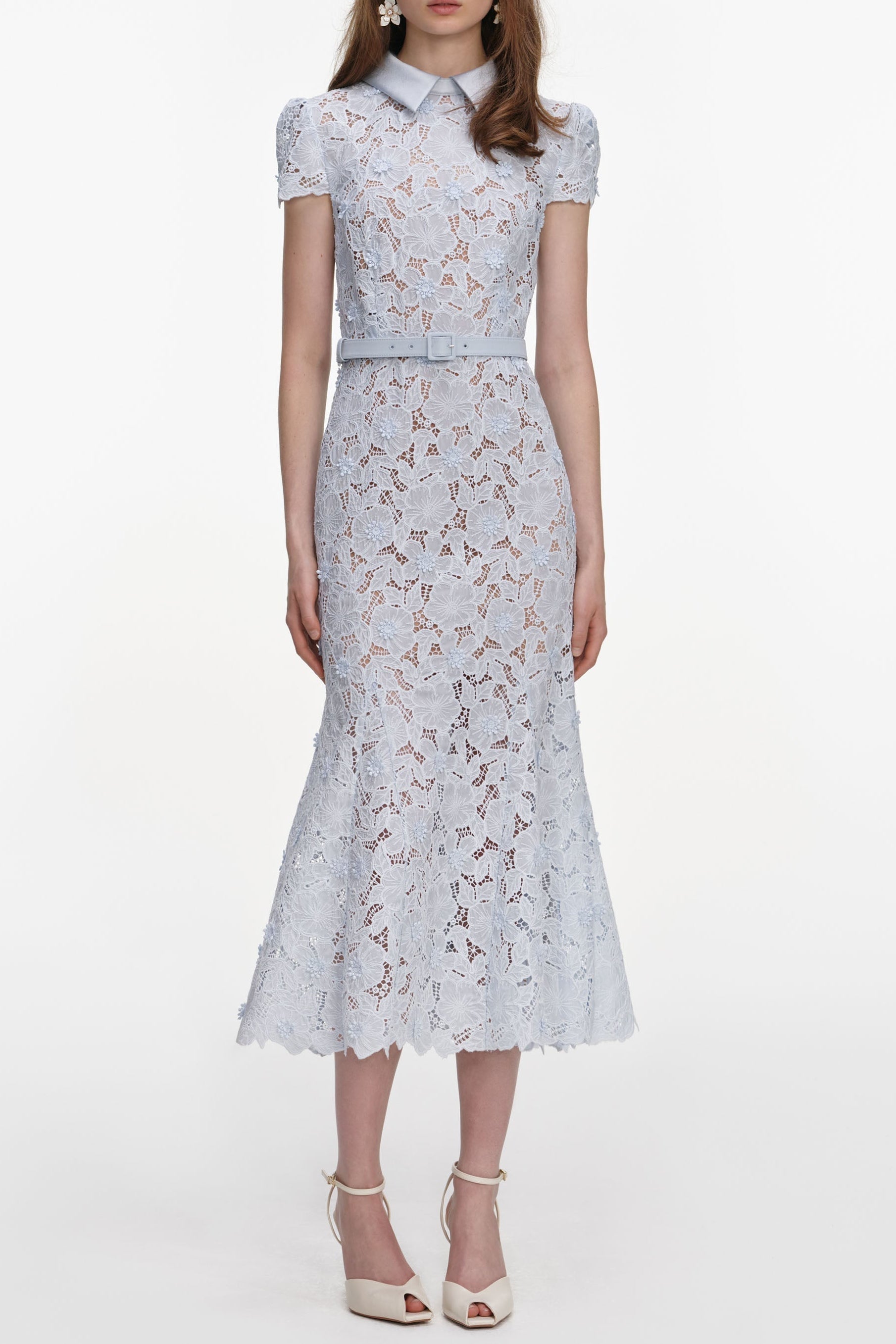 zenobia pale blue Guipure Lace hollow Midi Dress