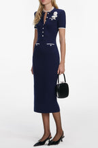 zenobia Navy Crochet Flower Knit Midi Dress