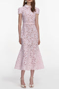 zenobia Pink Guipure Lace hollow Midi Dress