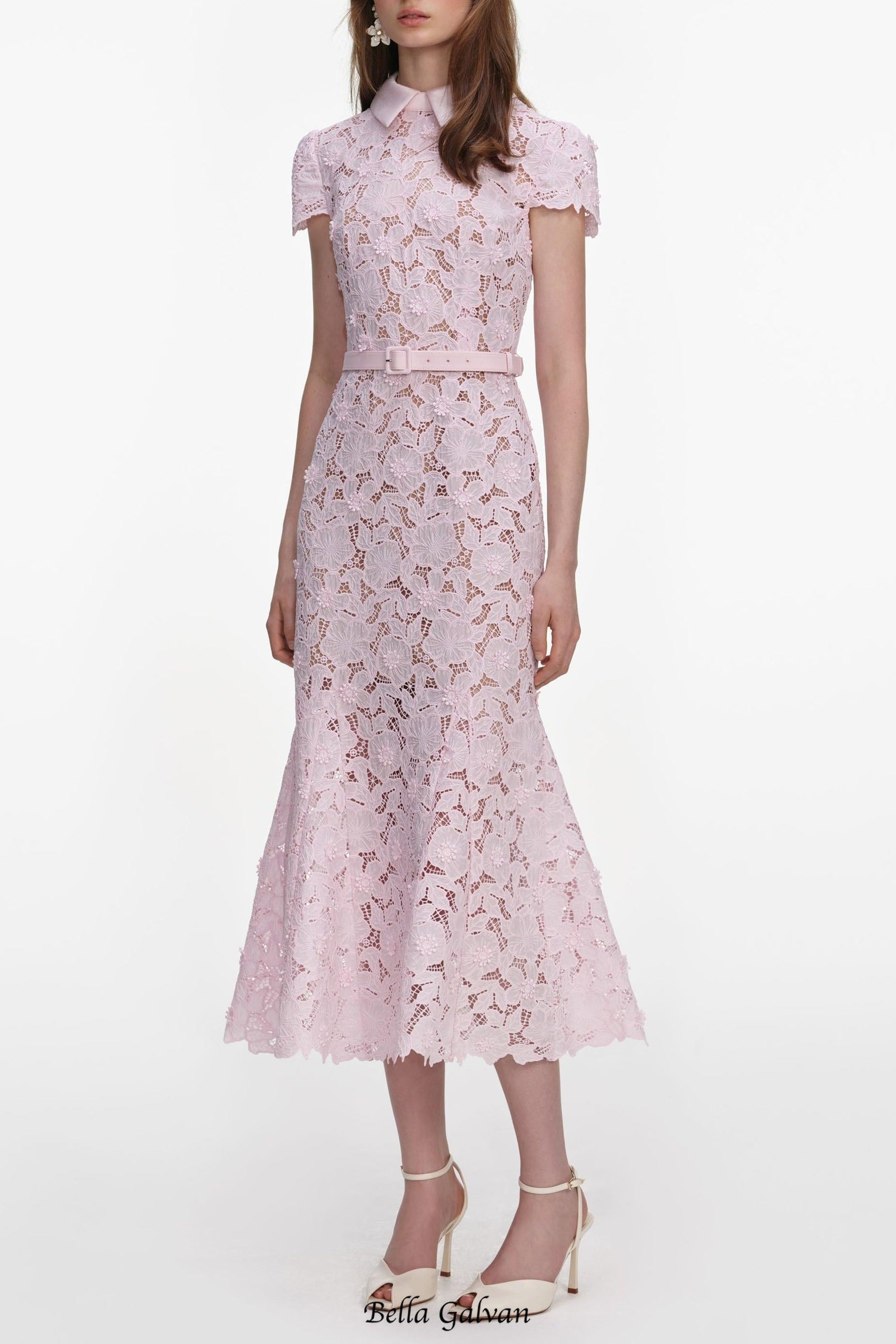 zenobia Pink Guipure Lace hollow Midi Dress