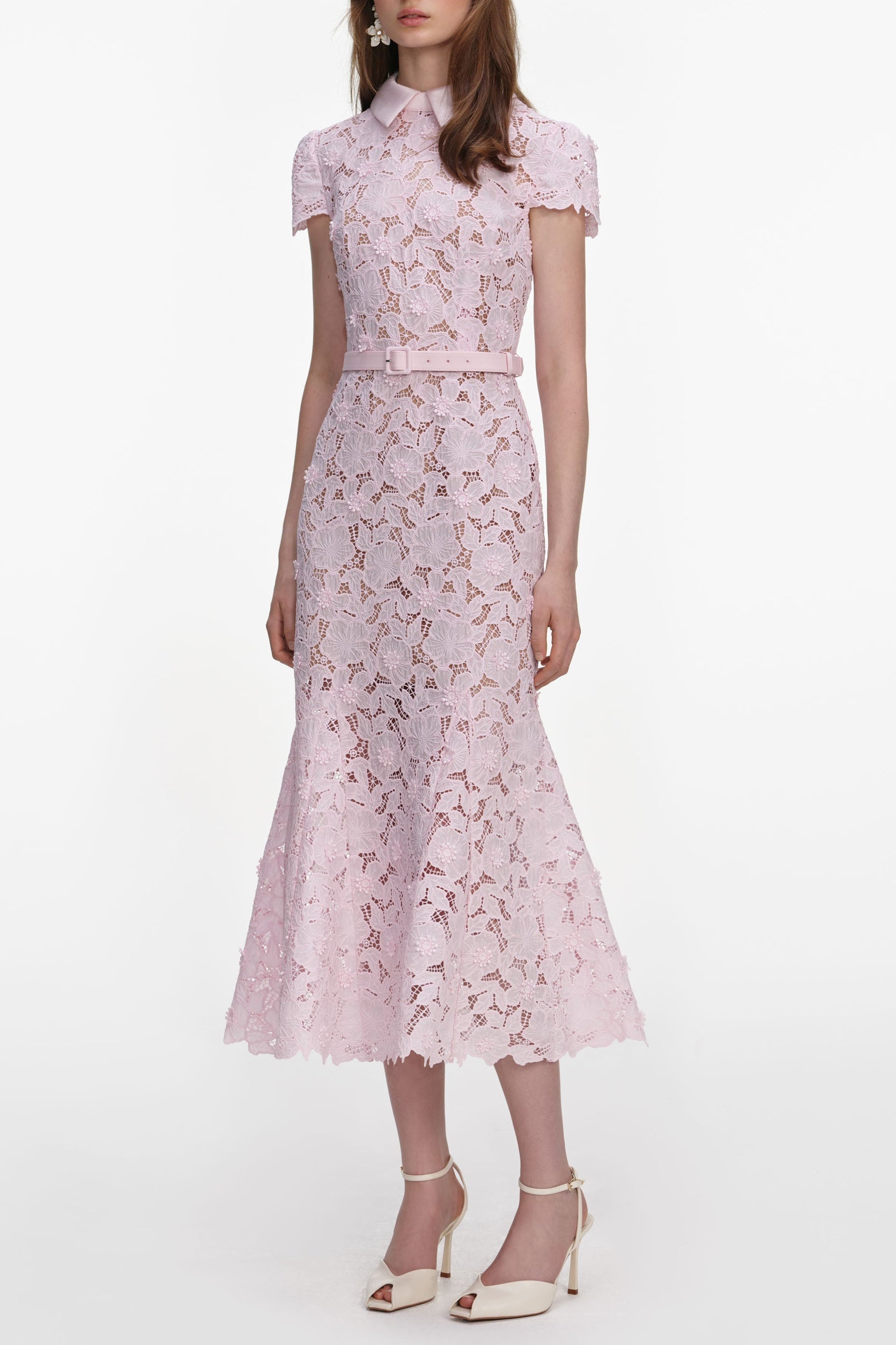 Zenobia Pink Guipure Lace Hollow Midi Dress