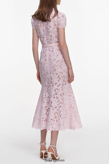 zenobia Pink Guipure Lace hollow Midi Dress