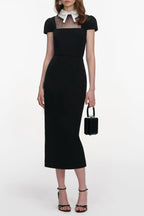 trista Black Crepe Bow Collar Midi Dress