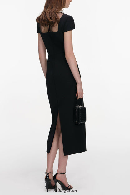trista Black Crepe Bow Collar Midi Dress