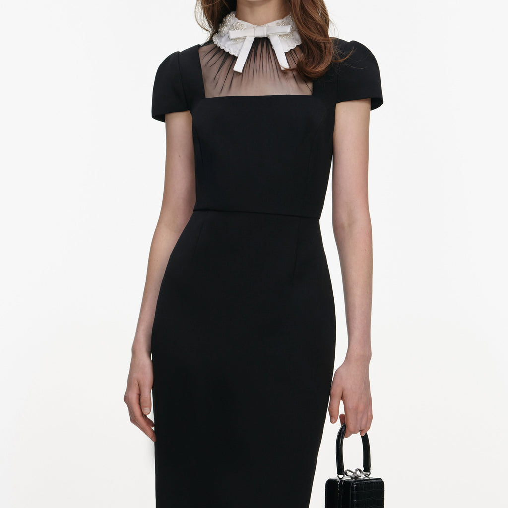 trista Black Crepe Bow Collar Midi Dress