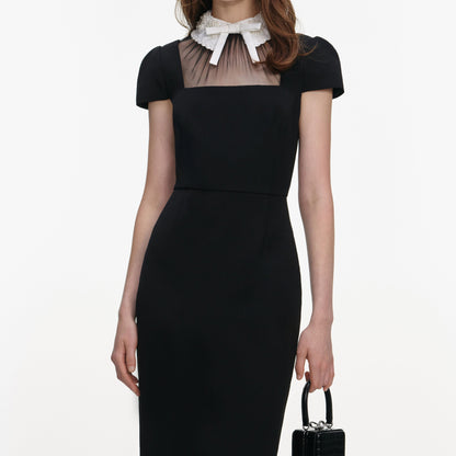 trista Black Crepe Bow Collar Midi Dress