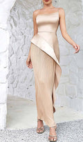 Flowering Girl Women Ruffled Plated Maxi Dress In Khaki
