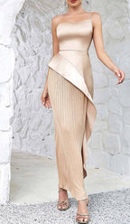 Flowering Girl Women Ruffled Plated Maxi Dress In Khaki