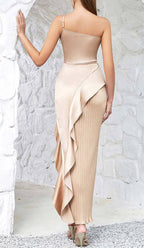 Flowering Girl Women Ruffled Plated Maxi Dress In Khaki