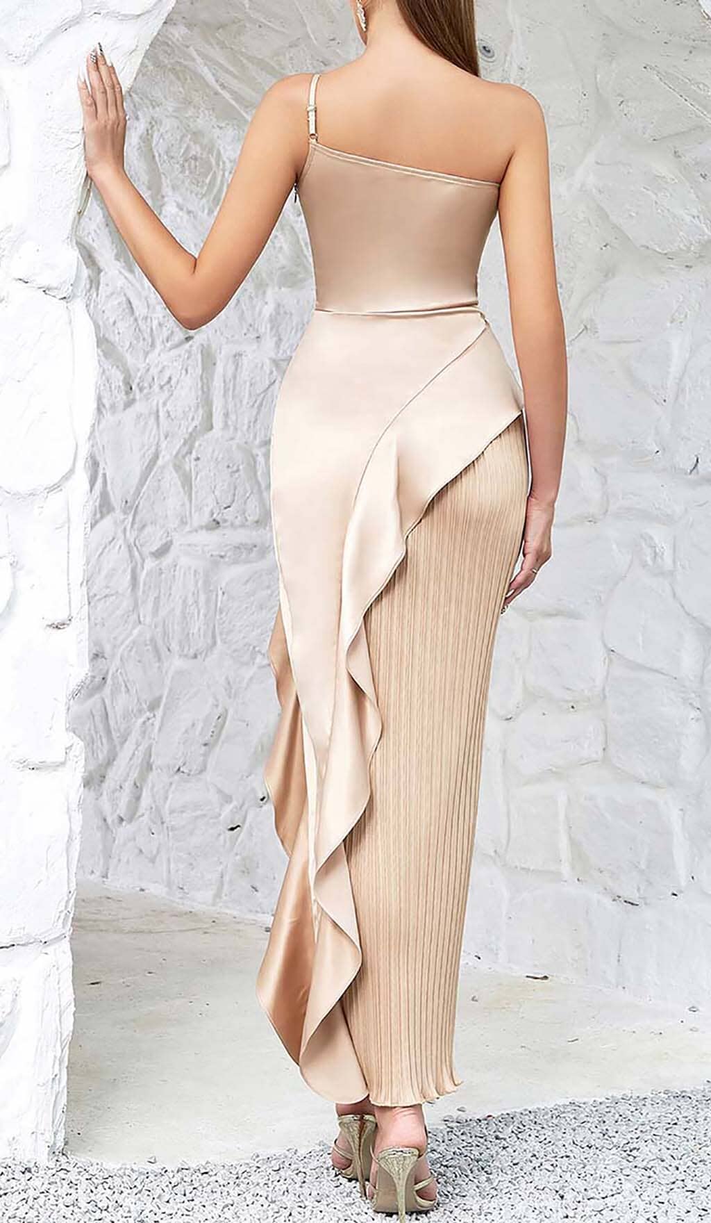 Flowering Girl Women Ruffled Plated Maxi Dress In Khaki