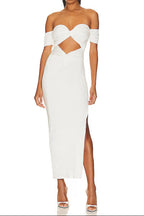 pleated off-shoulder cutout midi dress in white