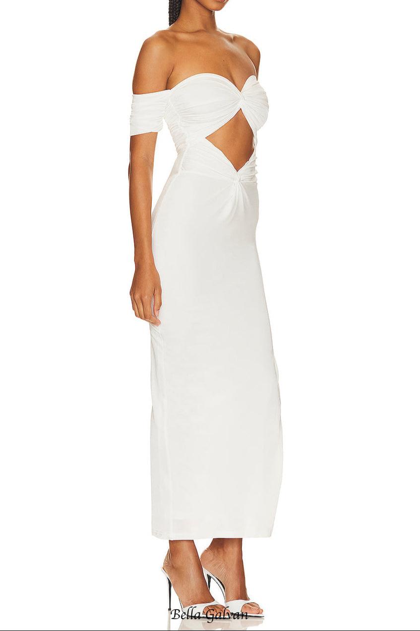 pleated off-shoulder cutout midi dress in white
