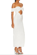pleated off-shoulder cutout midi dress in white