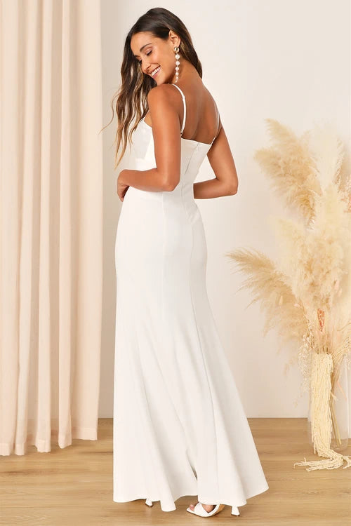 Radiant Promise White Satin Twist-Front Mermaid Maxi Dress