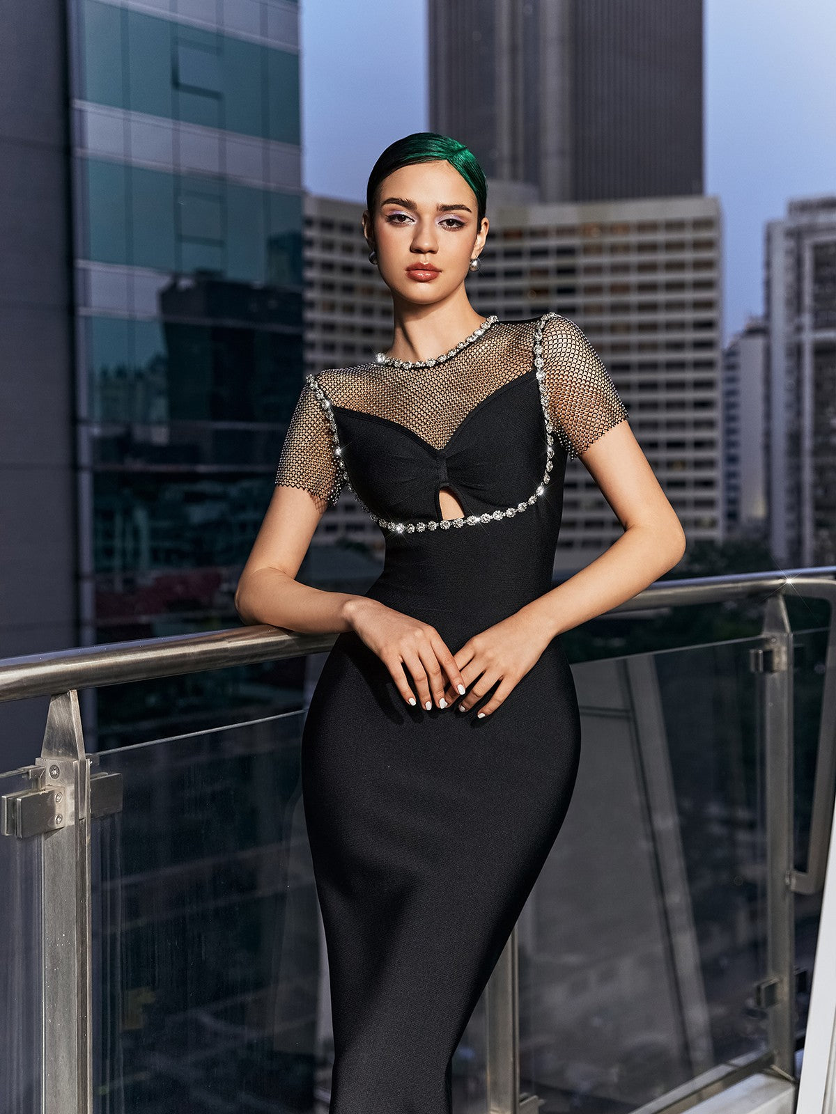 Flowering Girl Women Crystal Mesh Bandage Midi Dress