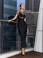 Flowering Girl Women Crystal Mesh Bandage Midi Dress