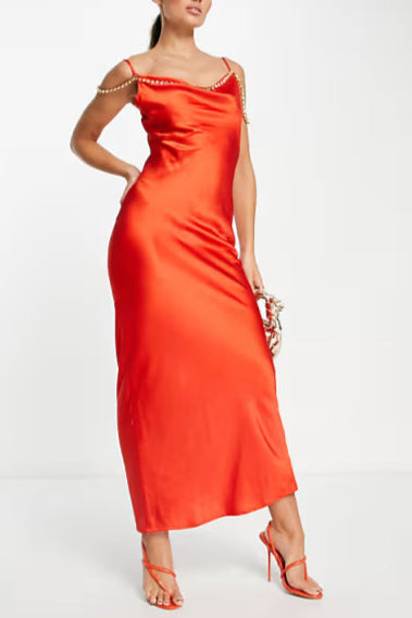 Flowering Girl Women Embellished Satin Cami Maxi Dress In Burnt Orange