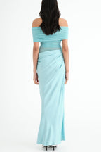 Flowering Girl Women Reanko Off Shoulder Ruched Mesh Maxi Dress - Blue