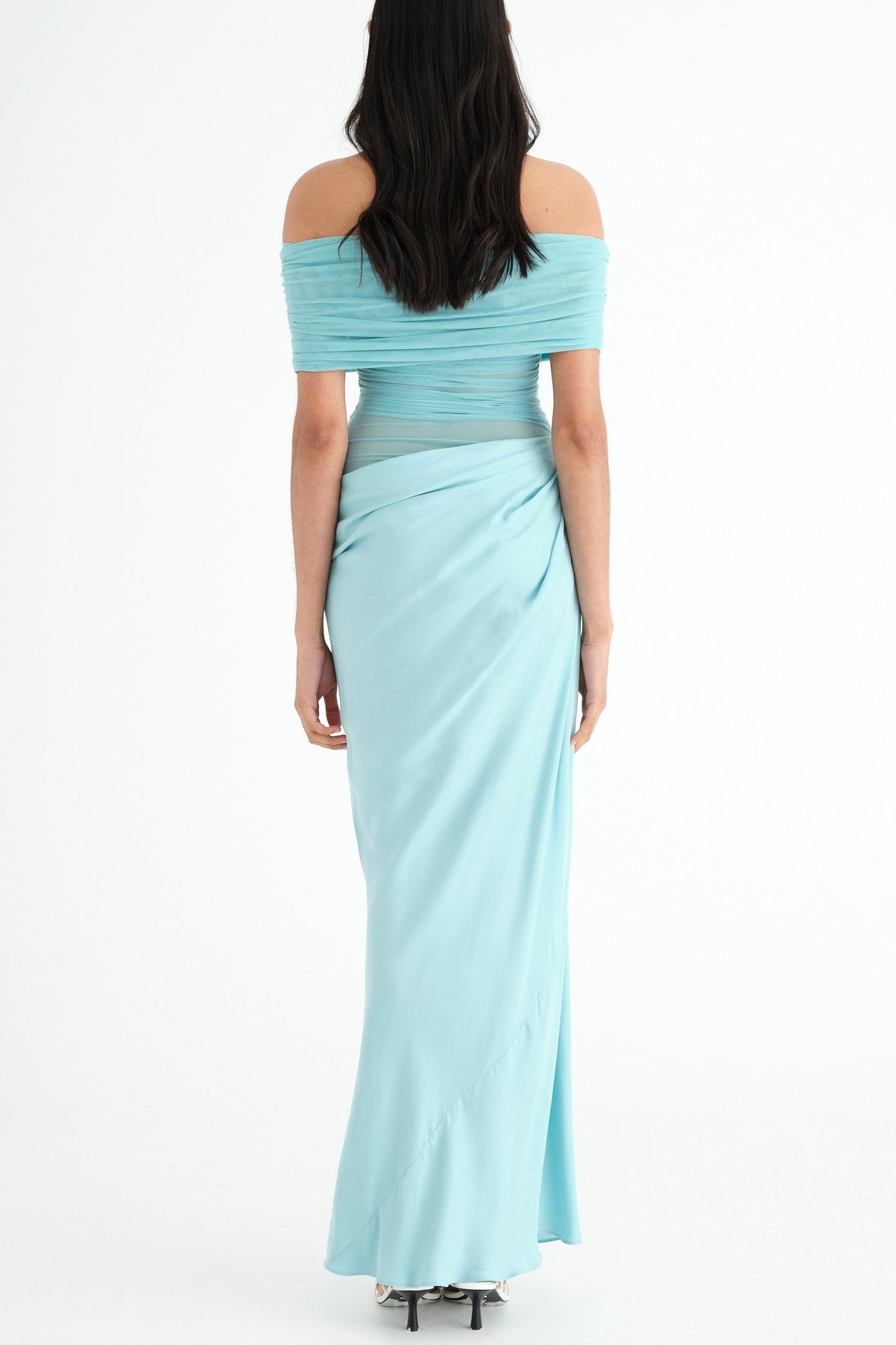 Flowering Girl Women Reanko Off Shoulder Ruched Mesh Maxi Dress - Blue