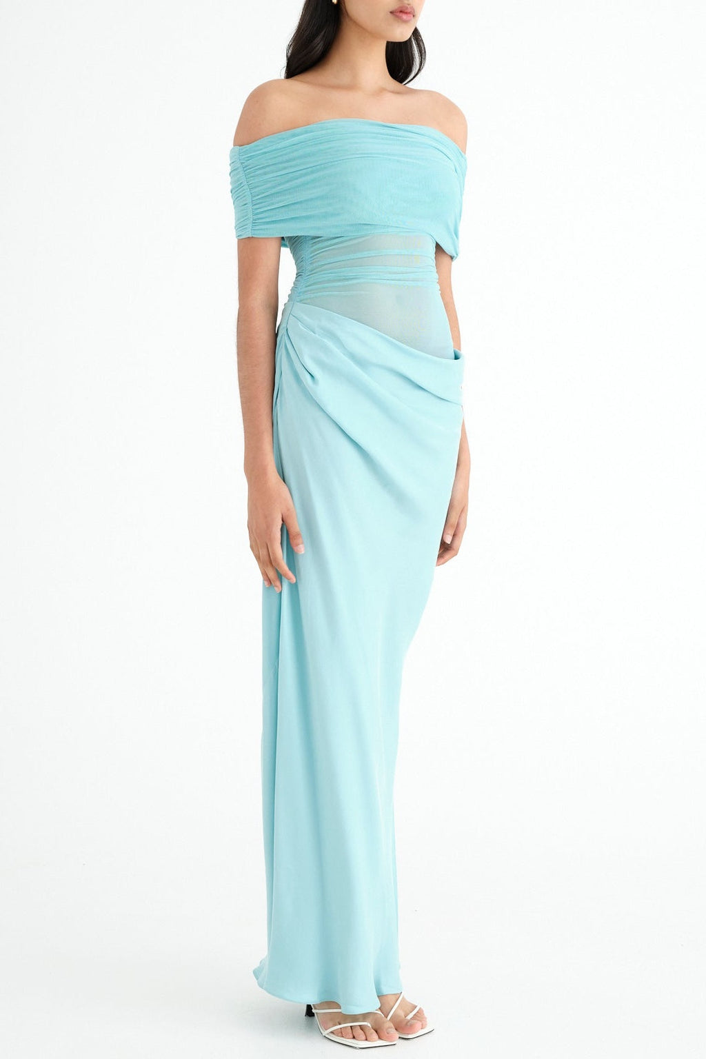 Flowering Girl Women Off Shoulder Ruched Mesh Maxi Dress in Blue