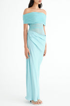 Flowering Girl Women Off Shoulder Ruched Mesh Maxi Dress in Blue
