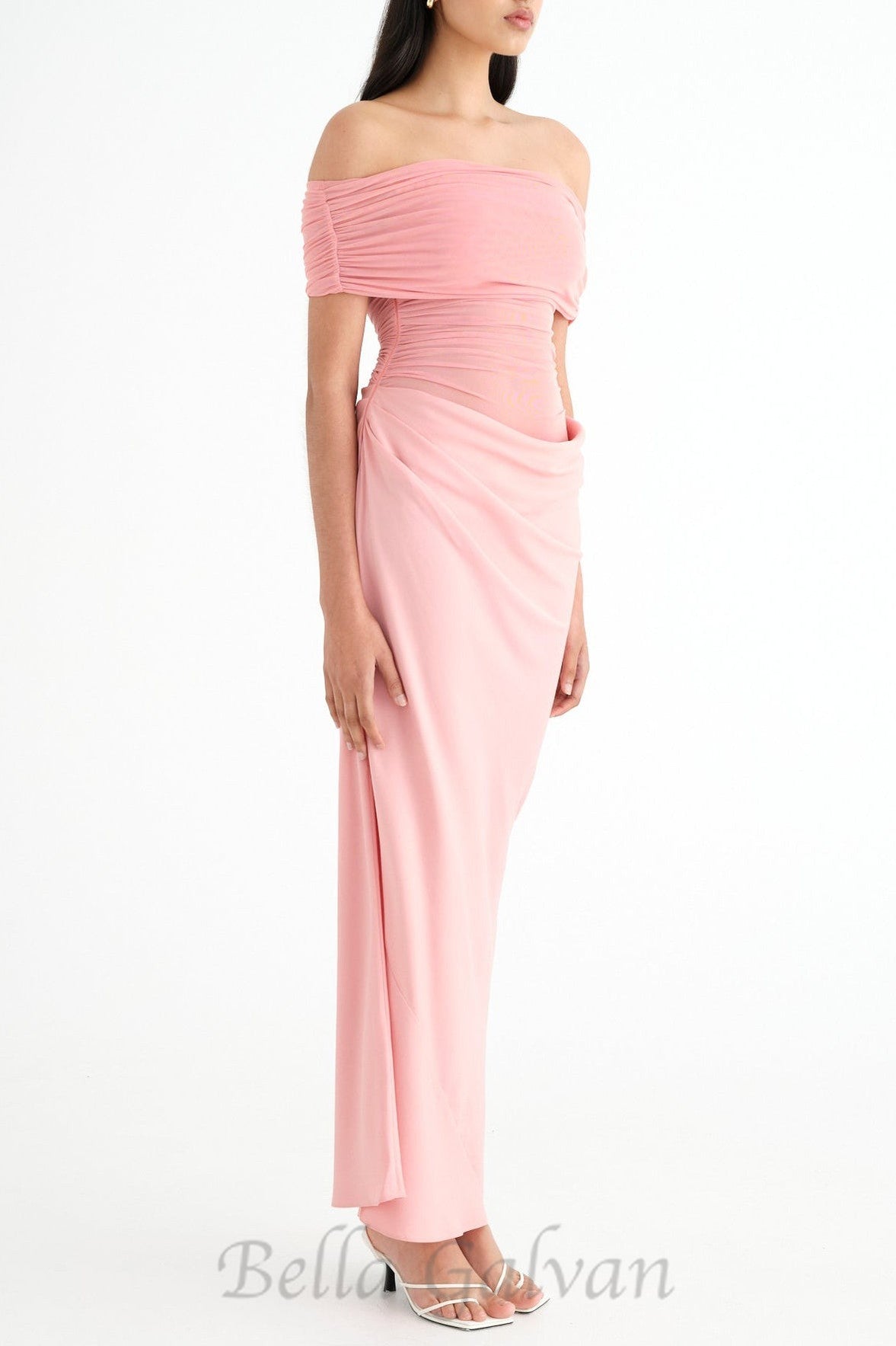 Flowering Girl Women Reanko Off Shoulder Ruched Mesh Maxi Dress in Pink